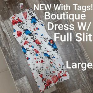 NWT Vijo Couture Boutique White Floral Dress With Wrap Front Slit Size Large